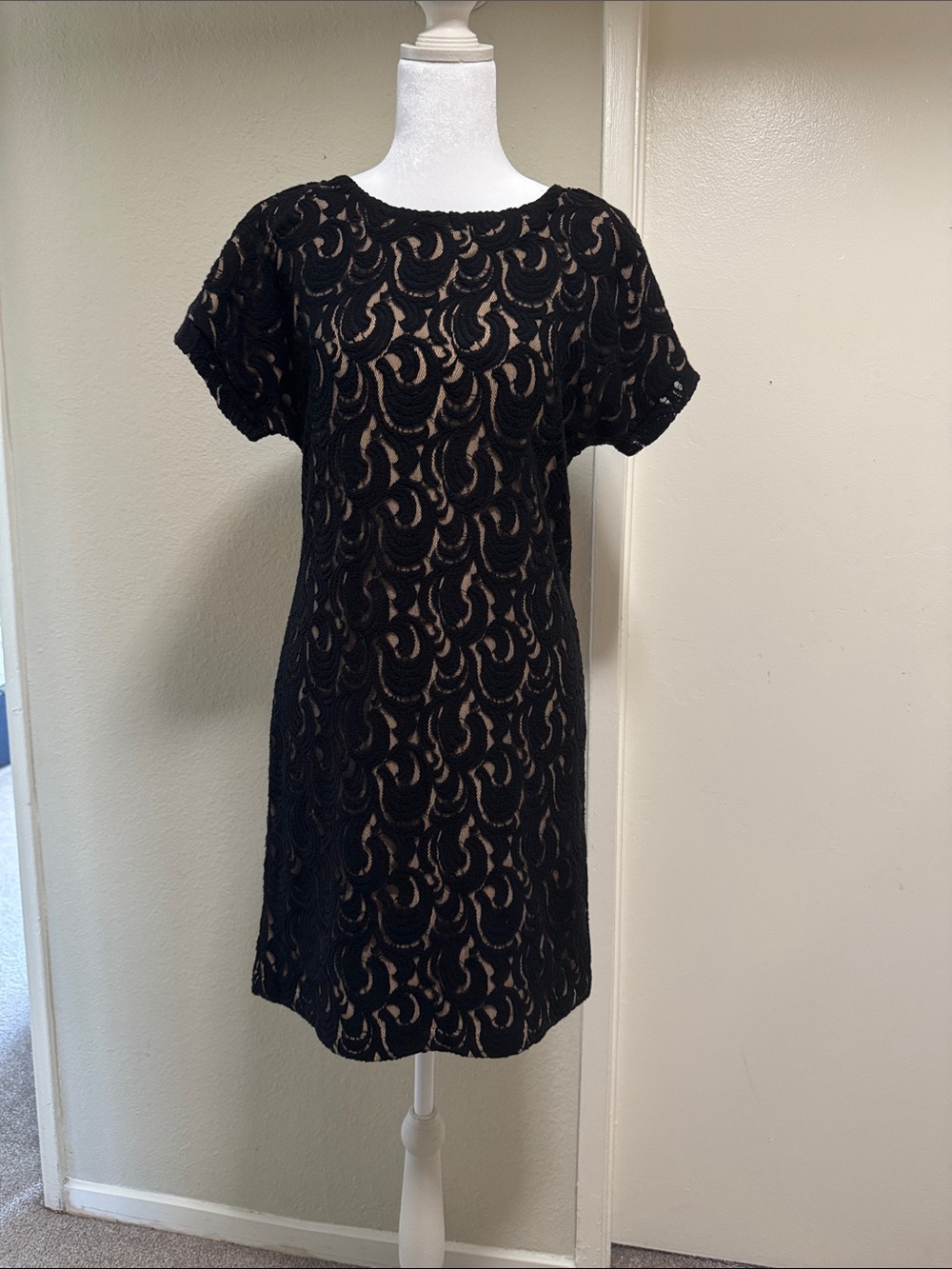 Vintage Vivienne Tam Black Lace Overlay Nude Lined Dress S Made in USA